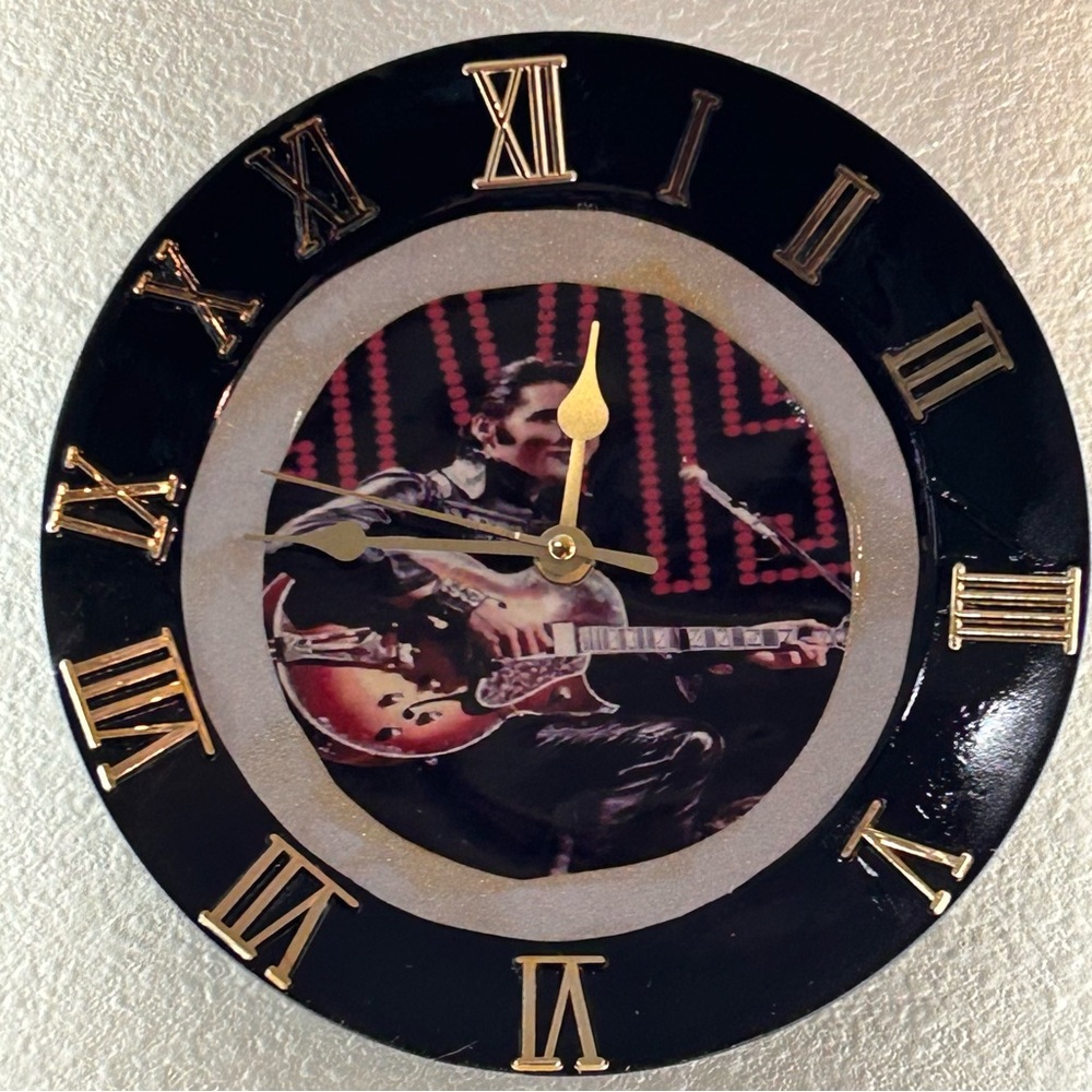 Black and Gold Round Wall Clock with Guitar Motif